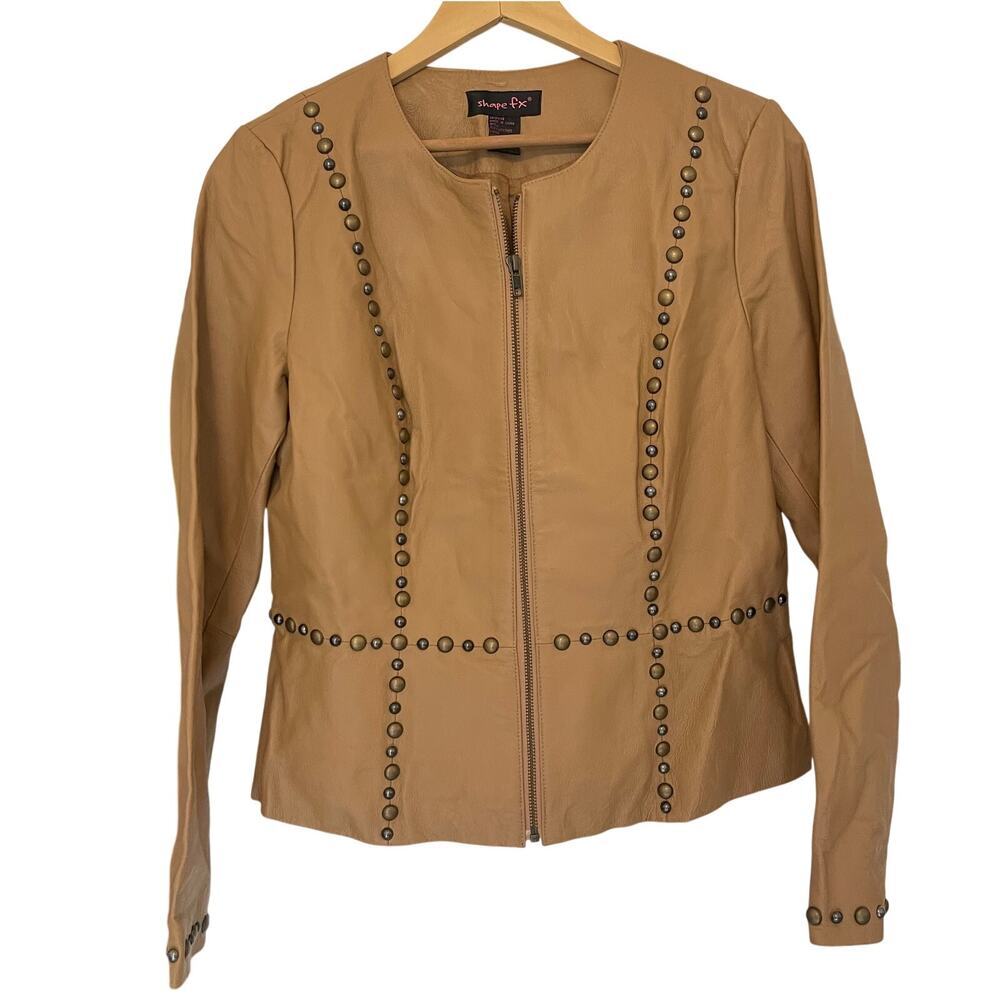 SHAPE FX Women's Studded Leather Jacket Caramel Size 12